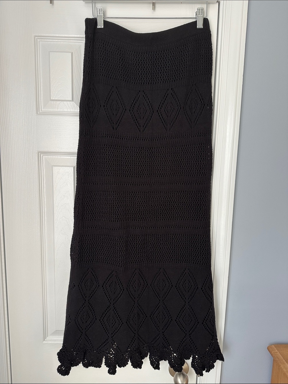 Black Crochet Maxi Skirt with Diamond Knit Detail